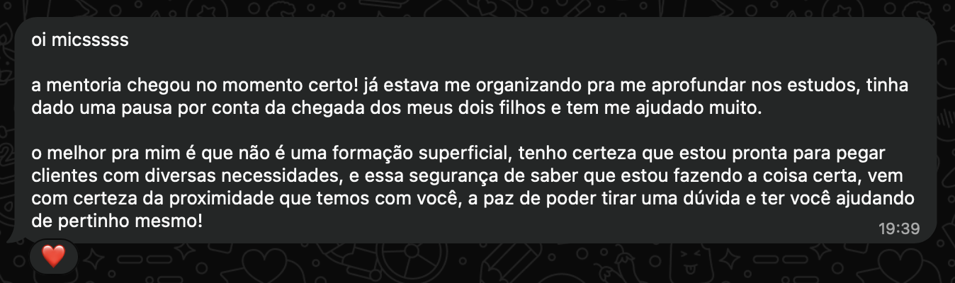 Print de depoimento de aluna sobre a segurança de ter acompanhamento de perto