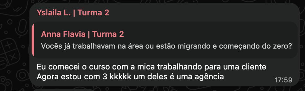 Print de aluna contando que começou com uma cliente e hoje atende três